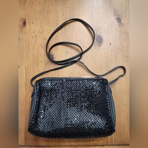 Vintage Whiting & Davis Black Mesh Shoulder Bag w/ Zipper Closure, Leather Strap